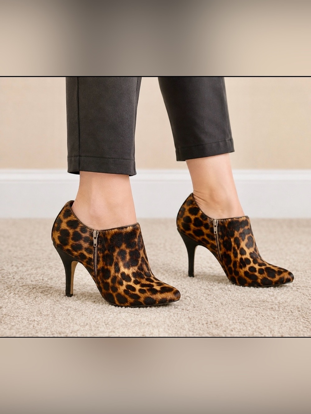 ISOLÁ Leopard Dyed Horse Hair Ankle Booties Size 6.5 Pointed Toe Side Zip Heels
